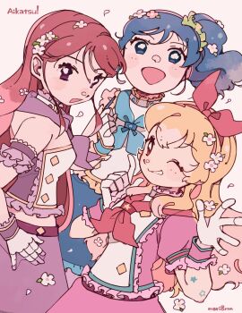 3girls :d aikatsu! aikatsu!_(series) blonde_hair blue_eyes blue_hair blue_neckerchief blue_skirt bow copyright_name flower gloves hair_bow hair_flower hair_ornament hand_on_own_hip hands_up highres hoshimiya_ichigo idol_clothes kiriya_aoi long_hair looking_at_viewer multiple_girls neckerchief one_eye_closed open_mouth pink_shirt pink_skirt purple_neckerchief purple_shirt purple_skirt red_bow red_eyes red_hair red_neckerchief shibuki_ran shirt skirt smile white_gloves yukikokoro
