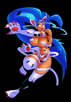 1girl abs animal_ears animal_hands bare_shoulders bigred blue_hair breasts cat_ears cat_tail dark-skinned_female dark_background dark_skin darkstalkers fang felicia_(darkstalkers) green_eyes highres large_breasts long_hair tail very_long_hair white_fur