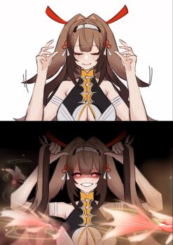 1girl animal_ears breasts brown_hair butterfly-shaped_pupils china_dress chinese_clothes closed_eyes clover_hair_ornament commentary cosplay dress droopy_ears english_commentary facial_mark fox_ears fox_girl grabbing_own_hair grin hair_ornament headband highres holding holding_own_hair honkai:_star_rail honkai_(series) large_breasts mamaprofennn mihoyo multiple_expressions red_eyes sleeveless smile sparkle_(honkai:_star_rail) symbol-shaped_pupils underboob ye_shunguang zenless_zone_zero