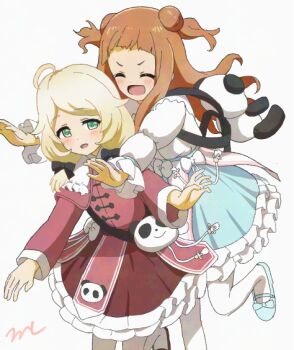2girls :d ^_^ aayh blonde_hair blue_shoes blue_skirt brown_hair brown_shirt brown_skirt closed_eyes commentary_request double_bun frilled_skirt frills green_eyes grey_background hair_bun hair_over_shoulder ichihara_nina idolmaster idolmaster_cinderella_girls long_hair long_sleeves low_twintails multiple_girls open_mouth pantyhose puffy_long_sleeves puffy_sleeves shirt shoes simple_background skirt smile twintails two_side_up v-shaped_eyebrows very_long_hair white_pantyhose white_shirt yusa_kozue