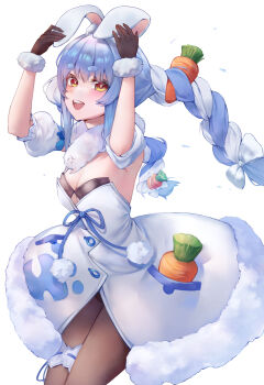 1girl absurdres animal_ears aqua_hair armpits arms_up black_gloves black_leotard black_pantyhose blush braid breasts carrot_hair_ornament cleavage clothing_cutout coat coat_dress commentary_request creature detached_sleeves don-chan_(usada_pekora) dress food-themed_hair_ornament frilled_thigh_strap fur-trimmed_dress fur-trimmed_gloves fur_trim gloves hair_ornament highres hololive leotard long_hair looking_at_viewer low-tied_long_hair medium_breasts multicolored_hair open_mouth orange_eyes pantyhose playboy_bunny puffy_short_sleeves puffy_sleeves rabbit_ears rabbit_girl short_sleeves simple_background smile strapless strapless_leotard thigh_strap twin_braids twintails underboob_cutout usada_pekora usada_pekora_(1st_costume) ushio_(user_ndwp8857) very_long_hair virtual_youtuber white_background white_coat white_hair white_sleeves