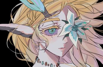 1girl animal_ears aqua_eyes black_background blonde_hair braid choker crown_braid didi_en_ilu dragon_ears dragon_girl dragon_horns flower flower_over_eye highres horns light_dragon_(zelda) nintendo parted_bangs princess_zelda sidelocks silent_princess solo teardrop_facial_mark the_legend_of_zelda the_legend_of_zelda:_tears_of_the_kingdom upper_body
