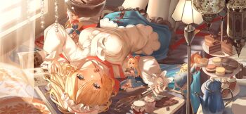 4girls alice_margatroid alternate_costume blonde_hair blue_eyes blue_skirt blush book bow breasts cake cake_slice candy chocolate chocolate_bar chocolate_cake cupcake doll food food_in_mouth frilled_hairband frilled_skirt frills game_cg hair_between_eyes hair_bow hairband holding holding_food holding_whisk large_breasts lolita_hairband long_sleeves looking_at_viewer lying macaron mouth_hold multiple_girls non-web_source official_art on_back open_book pantyhose red_bow shanghai_doll shirt skirt susukawa_(susucawa) teapot tiered_tray touhou touhou_gensou_eclipse upside-down whisk white_pantyhose white_shirt