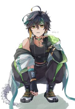 Rule 34 | 1boy, black choker, black gloves, black hair, black pants, black shirt, black shoes, black tank top, blonde hair, choker, crop top, earrings, fingerless gloves, genshin impact, gloves, green eyes, green hair, green headband, hair between eyes, headband, highres, jacket, jewelry, kinich (genshin impact), kinich (parallels meet) (genshin impact), long sleeves, male focus, multicolored hair, multicolored shoes, pants, shirt, shoes, short hair, skg g, solo, streaked hair, tank top, white background, white jacket, white shoes