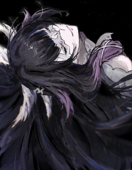 4nnzz absurdres black_hair closed_eyes columbina_(genshin_impact) dress eye_mask genshin_impact hair_ornament head_wings highres long_hair mask multicolored_hair multiple_wings two-tone_hair white_dress white_mask white_wings wing_hair_ornament wings x-shaped_eyewear