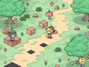 3girls ? ?_block alice_margatroid black_dress blue_dress bow box broom dress forest goggles goggles_on_head hair_bow hairband hat isometric kaminendo kawashiro_nitori kirisame_marisa mario_(series) multiple_girls mushroom nature nintendo path pixel_art road rocket_launcher rpg_(weapon) shanghai_doll sign super_mario_rpg touhou treasure_chest tree tree_stump weapon witch_hat