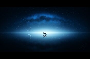 absurdres cat commentary_request crescent_moon highres letterboxed milky_way moon nengoro night night_sky no_humans original reflection scenery shooting_star signature silhouette sky sky_focus star_(sky) starry_sky