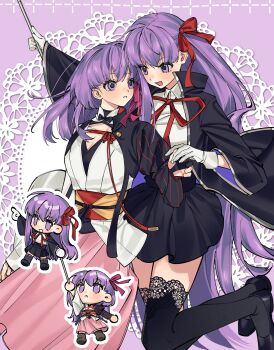 2girls arm_up bb_(fate) black_jacket black_skirt black_thighhighs breasts chibi chibi_inset cleavage collared_shirt commentary_request fate/extra fate/stay_night fate_(series) gloves hair_ribbon highres holding_hands jacket lace lace_thighhighs long_hair matou_sakura minamisakura011 multiple_girls pink_skirt purple_background purple_eyes purple_hair red_ribbon ribbon shirt skirt thighhighs very_long_hair white_gloves white_shirt zettai_ryouiki