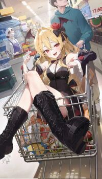 1boy 2girls bare_shoulders black_dress blonde_hair boots breasts commentary detached_sleeves dress english_commentary fang frilled_sleeves frills head_wings highres indoors lace-up_boots long_hair looking_at_viewer mesilmen multiple_girls open_mouth original red_eyes shopping_cart small_breasts supermarket vampire very_long_hair wings