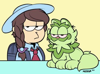 1girl artist_name backpack bag blue_bag blue_headwear blue_shirt braid brown_hair cat closed_mouth commentary english_commentary garfield garfield_(character) hair_ornament hairclip hat highres jim_davis_(style) jon_arbuckle juliana_(pokemon) long_hair looking_at_viewer moozua necktie nintendo parody pokemon pokemon_(creature) pokemon_sv red_necktie shirt smug sprigatito style_parody sun_hat yellow_background