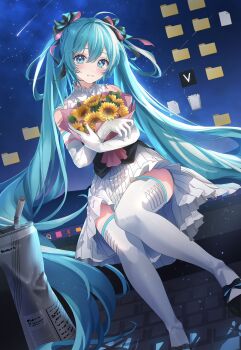 1girl absurdly_long_hair aqua_eyes aqua_hair aqua_trim bouquet can computer drink_can drinking_straw elbow_gloves flower frilled_shirt_collar frills gloves hair_between_eyes hair_ornament hashtag-only_commentary hatsune_miku highres holding holding_bouquet laptop long_hair looking_at_viewer miku_day monitor nezu_(se_aroe) parted_lips shirt skirt sleeveless sleeveless_shirt solo sunflower thighhighs twintails very_long_hair vocaloid white_gloves white_skirt white_thighhighs