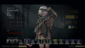 1girl absurdres areola_slip arm_up axe blood blood_on_face blood_on_gloves blush breasts cape closed_mouth commentary_request covered_erect_nipples crown_of_thorns dark-skinned_female dark_skin ebonyxh elbow_gloves english_text eyes_visible_through_hair eylin_eyla_(ebonyxh) facial_scar freckles gloves hair_over_one_eye highres holding holding_axe hunt:_showdown noose pointy_breasts ringed_eyes rope_around_neck rope_belt scar scar_on_cheek scar_on_chest scar_on_face scar_on_leg scar_on_neck short_hair small_breasts solo thorns white_hair yellow_eyes