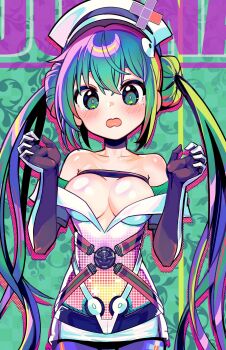 1girl bare_shoulders blush breasts collarbone commentary_request dohna_dohna_issho_ni_warui_koto_o_shiyou dress elbow_gloves embarrassed gloves green_background green_eyes green_hair hair_between_eyes hat highres large_breasts medico_(dohna_dohna) nangong_(skarndrnjs) tears twintails upper_body white_dress white_hat