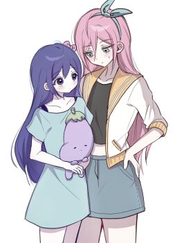 Rule 34 | 2girls, aubrey (faraway) (omori), aubrey (headspace) (omori), aubrey (omori), blue eyes, blue hairband, blue shirt, blue skirt, blush, bow, bra strap, closed mouth, collarbone, commentary, denim, denim skirt, double-parted bangs, dual persona, english commentary, hair between eyes, hair bow, hairband, hand on own hip, hashtag-only commentary, highres, holding, holding stuffed toy, jacket, long hair, looking at another, mr. plantegg (omori), multiple girls, omori, open clothes, open jacket, pink bow, pink hair, purple eyes, purple hair, shirt, short-sleeved jacket, short sleeves, simple background, skirt, stuffed animal, stuffed eggplant, stuffed toy, sweatdrop, t-shirt, white background, white jacket, wktdms1