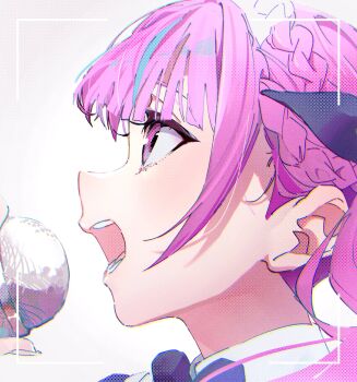 1girl ben-day_dots blue_bow blue_bowtie blue_ribbon blue_streaks blunt_bangs bow bowtie braid chromatic_aberration close-up collar commentary_request drill_hair frilled_hairband frills from_side gradient_background grey_background hair_ribbon hairband halftone highres holding holding_microphone hololive idol looking_up loose_hair_strand maid_headdress microphone minato_aqua minato_aqua_(1st_costume) mugi626 multicolored_hair open_mouth pink_eyes portrait profile purple_hair ribbon screentones side_braids sidelocks simple_background singing solo streaked_hair twin_drills twintails two-tone_hair viewfinder virtual_youtuber white_background white_collar white_hairband
