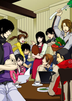3girls 6+boys akashi_satoru animification bad_id bad_pixiv_id basket belt black_theme blue_theme coffee computer denim food gogo_sentai_boukenger inou_masumi jacket jeans kagami_arata kamen_rider kamen_rider_kabuto kusakabe_hiyori kzhr laptop mamiya_natsuki mogami_souta multiple_boys multiple_girls nishihori_sakura pants peas pink_theme red_theme scarf silver souji_tendou super_sentai takaoka_eiji tendou_souji tray vegetable yellow_theme