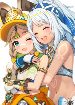 2girls ^_^ animal_ears bare_shoulders blue_eyes blush brown_hair closed_eyes commentary_request crop_top fingerless_gloves genshin_impact gloves green_scarf hat highres hug hug_from_behind kachina_(genshin_impact) kapa_draws long_hair midriff mittens mualani_(genshin_impact) multiple_girls navel one_eye_closed open_mouth orange_hat scarf stomach tan tanline teeth upper_teeth_only visor_cap white_hair white_mittens