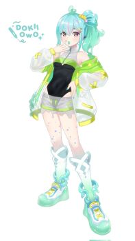 +_+ 1girl artist_name black_leotard blue_hair blue_nails blue_tongue boots breasts colored_tongue dokii0w0 hair_ornament hairpin hand_on_own_hip highres indie_virtual_youtuber jacket leotard liquid_clothes liquid_hair looking_at_viewer medium_hair multicolored_hair nail_polish open_mouth piapi_ufo pink_streaks ponytail red_eyes see-through_clothes see-through_jacket see-through_shorts shorts small_breasts solo star_(symbol) star_hair_ornament star_print streaked_hair virtual_youtuber white_boots white_jacket