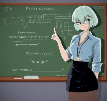 Rule 34 | 1girl, alternate language, aqua eyes, aqua hair, blue shirt, breasts, chalkboard, collared shirt, commentary, cowboy shot, dated, drawing (object), english commentary, english text, gun, hair ornament, hairclip, highres, id card, indoors, kalashnikov rifle, lanyard, large breasts, looking to the side, magazine (weapon), marie (peripeteia), official alternate costume, open collar, pantyhose, partially translated, pencil skirt, peripeteia, pointing, pointing up, polish text, rifle, shadow, shirt, short hair, signature, skirt, sleeves rolled up, solo, spacetriggah, tetromino, text focus, translation request, typo, weapon, weapon request