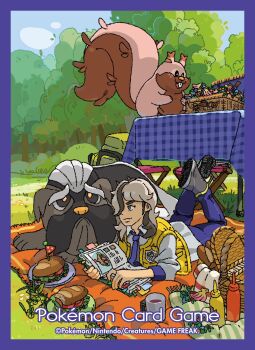 1boy arven_(pokemon) berry_(pokemon) blue_eyes blue_sky book bookmark border bread brown_hair chair closed_mouth commentary_request company_name copyright_name copyright_notice cup day drink eyelashes food gen_8_pokemon grass greedent grey_shirt grey_shoes hair_over_one_eye highres holding holding_book ketchup_bottle leppa_berry lying mabosstiff medium_hair minatake mug multicolored_hair mustard_bottle nanab_berry necktie nintendo official_art on_stomach on_table open_book open_mouth outdoors pants picnic_basket picnic_blanket picnic_table pokemon pokemon_(creature) pokemon_sv pokemon_tcg purple_border purple_necktie purple_pants rawst_berry sandwich school_uniform shirt shoes sky table tree two-tone_hair uva_academy_school_uniform vest yellow_vest