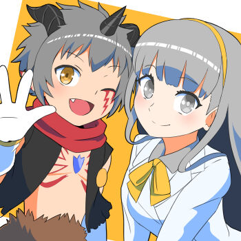 1boy 1girl absurdres aegiomon animal_legs black_vest body_markings border breasts brown_fur chest_jewel commentary digimon digimon_(creature) digimon_story:_time_stranger english_commentary facial_mark fang goat_boy grey_eyes grey_hair grey_shirt highres horns jacket misono_inori no_shirt one_eye_closed pointy_ears shirt simple_background vest white_border white_jacket yamamoto_zetta yellow_background yellow_eyes