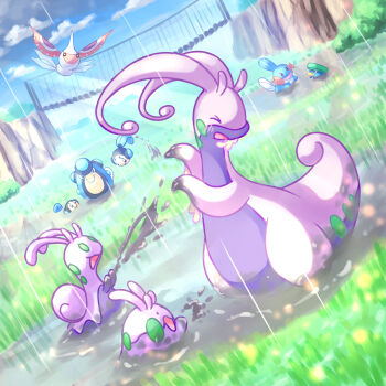 &gt;_&lt; :d bridge closed_eyes commentary_request day gen_3_pokemon gen_5_pokemon gen_6_pokemon goodra goomy grass green_eyes highres lotad masquerain mud mudkip nintendo no_humans open_mouth outdoors palpitoad pokemon pokemon_(creature) putto rain sliggoo smile splashing tympole