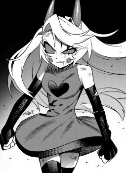 1girl absurdres abuse angry beaten bleeding blood blood_from_forehead blood_from_mouth blood_on_clothes blood_on_face blood_stain bruise bruise_on_face charlie_morningstar circle_facial_mark clenched_hands clenched_teeth commentary_request demon_girl demon_horns dress elbow_gloves fewer_digits fingerless_gloves gloves greyscale halftone hazbin_hotel heart hellaverse highres horns injury looking_at_viewer menma_(enaic31) monochrome official_alternate_costume ryona scratches signature simple_background solo standing teeth thighhighs tiara torn_clothes torn_dress torn_gloves violence zettai_ryouiki