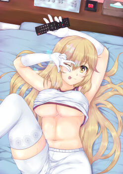 1girl ;p blonde_hair breasts cleavage clothes_lift commentary_request condom condom_wrapper controller elbow_gloves gloves gym_shirt gym_shorts gym_uniform hair_between_eyes highres holding holding_controller holding_remote_control kiriko_crown_(956098) large_breasts leg_lift long_hair looking_at_viewer lying navel on_back on_bed one_eye_closed paid_reward_available remote_control shirt shirt_lift shokuhou_misaki short_shorts shorts sleeveless sleeveless_shirt solo sparkling_eyes spider_web_print thighhighs tissue_box toaru_kagaku_no_railgun toaru_kagaku_no_railgun_t toaru_majutsu_no_index tokiwadai_school_gym_uniform tongue tongue_out underboob w w_over_eye white_gloves white_shirt white_shorts white_thighhighs yellow_eyes