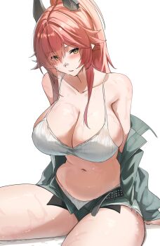 Rule 34 | 1girl, absurdres, bandaid, bandaid on face, bandaid on nose, black jacket, blush, bra, breasts, cleavage, commentary request, denim, denim shorts, goddess of victory: nikke, highres, horns, huge breasts, jacket, kopepan (kopepann11), long hair, looking at viewer, mechanical horns, official alternate costume, panties, red hair, red hood (nikke), red hood (retro days) (nikke), shorts, solo, unbuttoned, underwear, very long hair, white background, white bra, white panties, yellow eyes