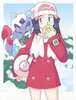 1girl aspear_berry bag berry_(pokemon) black_hair blue_eyes blue_horns blue_sky coat coat_dress colored_sclera colored_skin cowboy_shot dawn_(pokemon) dress duffel_bag eating fat_pikachu food froslass fruit gen_4_pokemon hair_ornament hairclip hand_up hat highres holding holding_food holding_fruit horns inkerton-kun long_hair long_sleeves looking_at_another looking_to_the_side nintendo outdoors poke_ball_print pokemon pokemon_(creature) pokemon_dppt pokemon_platinum poketch purple_skin red_coat red_dress scarf sky snow snow_on_tree tree watch white_bag white_hat white_scarf winter_clothes wristwatch yellow_sclera