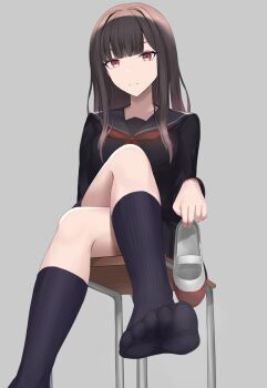 1girl black_serafuku brown_hair chair crossed_legs feet highres long_hair looking_at_viewer red_eyes sajina school_chair school_uniform serafuku shoes socks soles steam toes unworn_shoes uwabaki