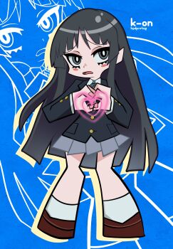 Rule 34 | 1girl, absurdres, akiyama mio, black hair, blazer, blue background, blue ribbon, blush, brown shoes, chibi, chibi only, collared shirt, grey eyes, grey skirt, hashtag-only commentary, heart, heart hands, hedprotag, highres, jacket, k-on!, layered sleeves, long hair, neck ribbon, open mouth, pleated skirt, raised inner eyebrows, ribbon, school uniform, shirt, shoes, sidelocks, skirt, socks, solo, straight-on, white shirt, white socks, zoom layer