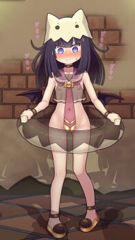 1girl @_@ absurdres black_hair black_shirt black_wings black_wrist_cuffs blue_eyes blush collar convenient_neckwear eggshell_hat emil_chronicle_online exhibitionism gluteal_fold heart highres innertube loli navel nidoegg_alma nipples no_panties nose_blush public_indecency red_collar rna0 sailor_collar sandals shirt sleeveless sleeveless_shirt spoken_heart sweatdrop swim_ring translucent wings wrist_cuffs
