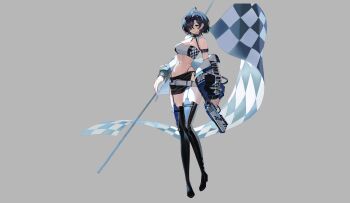 1girl absurdres ahoge arm_belt bandeau bare_shoulders belt black_boots black_choker black_hair black_jacket black_skirt black_survival blue_thighhighs boots breasts checkered_flag choker cleavage closed_mouth commentary_request crop_top eternal_return:_black_survival eyewear_on_head flag full_body garter_straps green_eyes grey_background gun hair_over_one_eye handgun highleg highres holding holding_flag holding_gun holding_weapon jacket korean_commentary large_breasts looking_at_viewer loose_belt midriff miniskirt mua_(mua_pb) navel off_shoulder open_clothes open_jacket panty_straps pelvic_curtain race_queen rozzi_(black_survival) short_hair simple_background skirt solo spaghetti_strap stomach sunglasses thigh_boots thighhighs thighs weapon white_bandeau