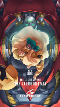 1boy 1girl age_difference anniversary ass bindi blonde_hair boots char's_counterattack char_aznable character_name commentary_request copyright_name couple dark_skin english_text ghost gundam helmet highres hug lalah_sune machinery mecha mecha_pilot_suit mobile_suit neo_zeon normal_suit_(gundam) open_cockpit robot sazabi science_fiction size_difference space_helmet title tunic two9one variant_set zero_gravity
