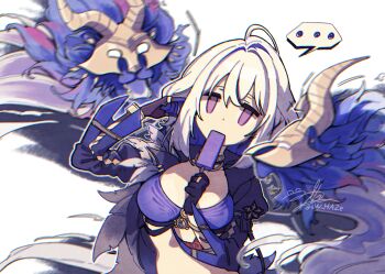 ... 1girl black_flower black_gloves black_jacket blake_bloom_(wuthering_waves) blue_bra blue_hair bra bracelet chimera_(wuthering_waves) chromatic_aberration colored_inner_hair commentary_request cropped_jacket finger_in_ear flower food food_in_mouth galbrena_(wuthering_waves) gloves grey_hair highres holding holding_food holding_popsicle jacket jewelry korean_commentary medium_hair multicolored_hair popsicle popsicle_in_mouth purple_eyes signature simple_background single_glove spoken_ellipsis sw_haze tacet_discord_(wuthering_waves) underwear upper_body white_background wuthering_waves