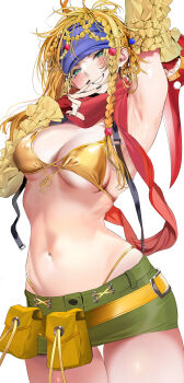 1girl arm_up armpits bandana belt bikini bikini_under_clothes black_nails blonde_hair blue_bandana braid breasts final_fantasy final_fantasy_x final_fantasy_x-2 frills gold_bikini green_eyes grin hair_ornament highres marushin_(denwa0214) medium_breasts miniskirt multiple_braids navel panty_straps pouch red_scarf rikku_(ff10) scarf skirt smile solo sphere_hair_ornament stomach swimsuit underboob yellow_belt yellow_bikini
