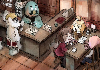 Rule 34 | 1girl, 4boys, animal crossing, blonde hair, brewster (animal crossing), digby (animal crossing), dr. shrunk (animal crossing), furry, hair ornament, isabelle (animal crossing), k.k. slider (animal crossing), multiple boys, nintendo, short hair, tagme, tile floor, tiles