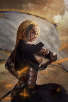 1girl armor black_capelet black_dress blonde_hair blood blood_on_armor blood_on_face blue_eyes capelet commentary couter dress english_commentary fate/grand_order fate_(series) forehead_protector gauntlets headpiece highres holding holding_sword holding_weapon jeanne_d'arc_(fate) jeanne_d'arc_(ruler)_(fate) long_hair looking_ahead niz parted_lips plackart rerebrace sheath sitting solo sword sword_of_st._catherine_(fate) unsheathing vambraces weapon