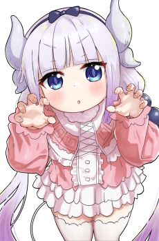 Rule 34 | 1girl, absurdres, blue eyes, blush, claw pose, dress, gimi 00, gradient hair, grey hair, hairband, highres, horns, kanna kamui, kobayashi-san chi no maidragon, looking at viewer, multicolored hair, open mouth, purple hair, simple background, solo, thighhighs, two-tone hair, white background, white thighhighs
