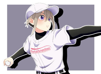 1girl ball baseball baseball_cap black_nails black_shirt border clothes_writing commentary_request drop_shadow eyelashes grey_background grey_hair hat highres holding holding_ball kimi_no_koto_ga_dai_dai_dai_dai_daisuki_na_100-nin_no_kanojo long_sleeves nail_polish outline pack0130 purple_eyes shirt short_hair short_sleeves sidelocks simple_background solo sutou_iku thick_eyebrows undercut undershirt upper_body very_short_hair white_border white_hat white_outline white_shirt