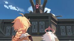 1boy 2girls 3d aether_(genshin_impact) animated ass beidou_(genshin_impact) boots brown_hair bad_tag genshin_impact hand_on_own_hip hazeker long_hair mihoyo multiple_girls one_eye_covered outdoors paimon_(genshin_impact) screencap tagme thigh_boots video video_game wide_hips