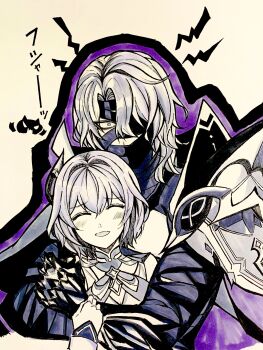 1boy 1girl armor bandage_in_mouth bandage_on_face bandage_on_forehead bandage_over_one_eye bandaged_arm bandages black_outline blush breasts bridal_gauntlets cleavage cloak closed_eyes constricted_pupils couple curtained_hair dress eyelashes facing_viewer genshin_impact glaring grabbing_from_behind hair_between_eyes hair_intakes hair_ornament hand_on_another&#039;s_arm hand_on_another&#039;s_shoulder height_difference hetero highres hug hug_from_behind izumi_965_15m layered_dress looking_at_viewer mandarin_collar mystical_high_collar open_mouth outline pauldrons rerir_(genshin_impact) short_hair shoulder_armor single_pauldron tholindis_(genshin_impact) traditional_media translation_request tsurime wide-eyed yellow_background