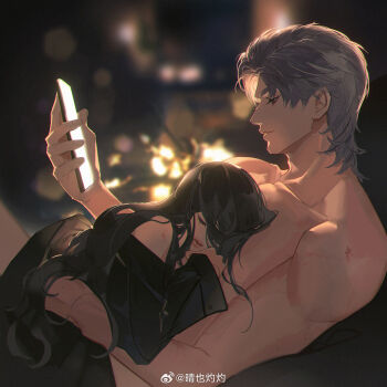Rule 34 | 1boy, 1girl, adam's apple, bad proportions, bite mark, black hair, closed eyes, collarbone, head on chest, highres, holding, holding phone, hug, long hair, looking at another, love and deepspace, medium hair, muscular, muscular male, parted bangs, parted lips, phone, protagonist (love and deepspace), sylus (love and deepspace), watermark, weibo username, weibo watermark, white hair, wolf cut, xiheanar