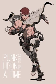 1boy abs absurdres black_pants brown_background buckle character_request cloak commentary_request copyright_request cyberpunk english_text exoskeleton full_body green_eyes harness highres original pants red_hair running scar snap-fit_buckle solo standing user_ujsh8484