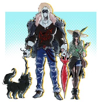 1boy 1girl all-black_the_necrosword black_hair black_lips breasts colored_skin commentary english_commentary fingernails green_light green_lines green_lips grey_skin hair_down halhalhalu22 hela_(marvel) holding holding_umbrella knull_(marvel) large_breasts long_fingernails long_hair looking_at_viewer marvel marvel_rivals sharp_fingernails size_difference symbiote thor_(marvel)_(series) umbrella wolf