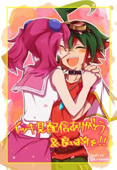 1boy 1girl bare_shoulders blush closed_eyes commentary_request couple cowboy_shot green_hair happy hetero hiiragi_yuzu holding_hands interlocked_fingers jacket jacket_on_shoulders jewelry medium_hair multicolored_hair open_mouth orange_shirt pendant pink_hair pink_shirt red_hair sakaki_yuya shirt short_hair tkgmgmgmg twintails two-tone_hair white_jacket yu-gi-oh! yu-gi-oh!_arc-v