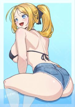 1girl ass bare_back bare_shoulders bikini black_bikini blonde_hair blue_eyes blue_shorts blush breasts covered_erect_nipples denim denim_shorts hair_ribbon highres large_breasts long_hair maki_yoshitake open_mouth original parted_bangs ponytail ribbon shorts sideboob sitting smile solo swimsuit thighs