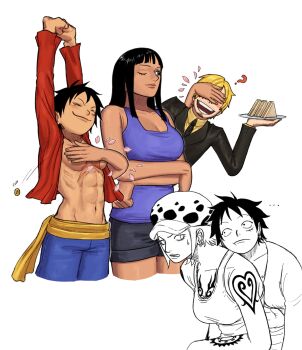 1boy 3girls arm_tattoo black_hair blonde_hair breasts chest_tattoo colereeyn commentary curly_eyebrows dark-skinned_female dark_skin disembodied_hand english_commentary facial_hair formal_clothes genderswap goatee hair_over_one_eye hana_hana_no_mi hand_tattoo highres large_breasts law-chan monkey_d._luffy multiple_girls multiple_tattoos muscular muscular_female nico_robin one_piece panther_print sanji_(one_piece) suit tattoo topless_female trafalgar_law