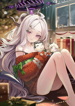 absurdres ahoge ariko_(aaaaarik) ass bare_shoulders black_halo blue_archive box christmas collarbone commentary demon_horns doodle_sensei_(blue_archive) english_commentary gift gift_box grey_hair halo highres hina_(blue_archive) horns long_hair looking_at_viewer panties parted_bangs purple_eyes red_sweater ribbed_sweater sensei_(blue_archive) sitting smile sweater thighs underwear very_long_hair wavy_hair white_panties